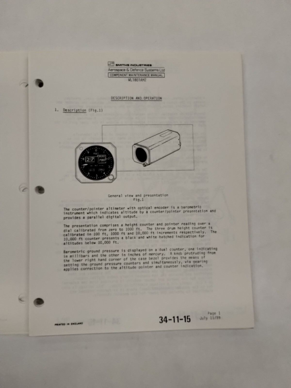 Smiths Industries Counter/Pointer Altimter WL 1801AM2 Maintenance/Parts-Original