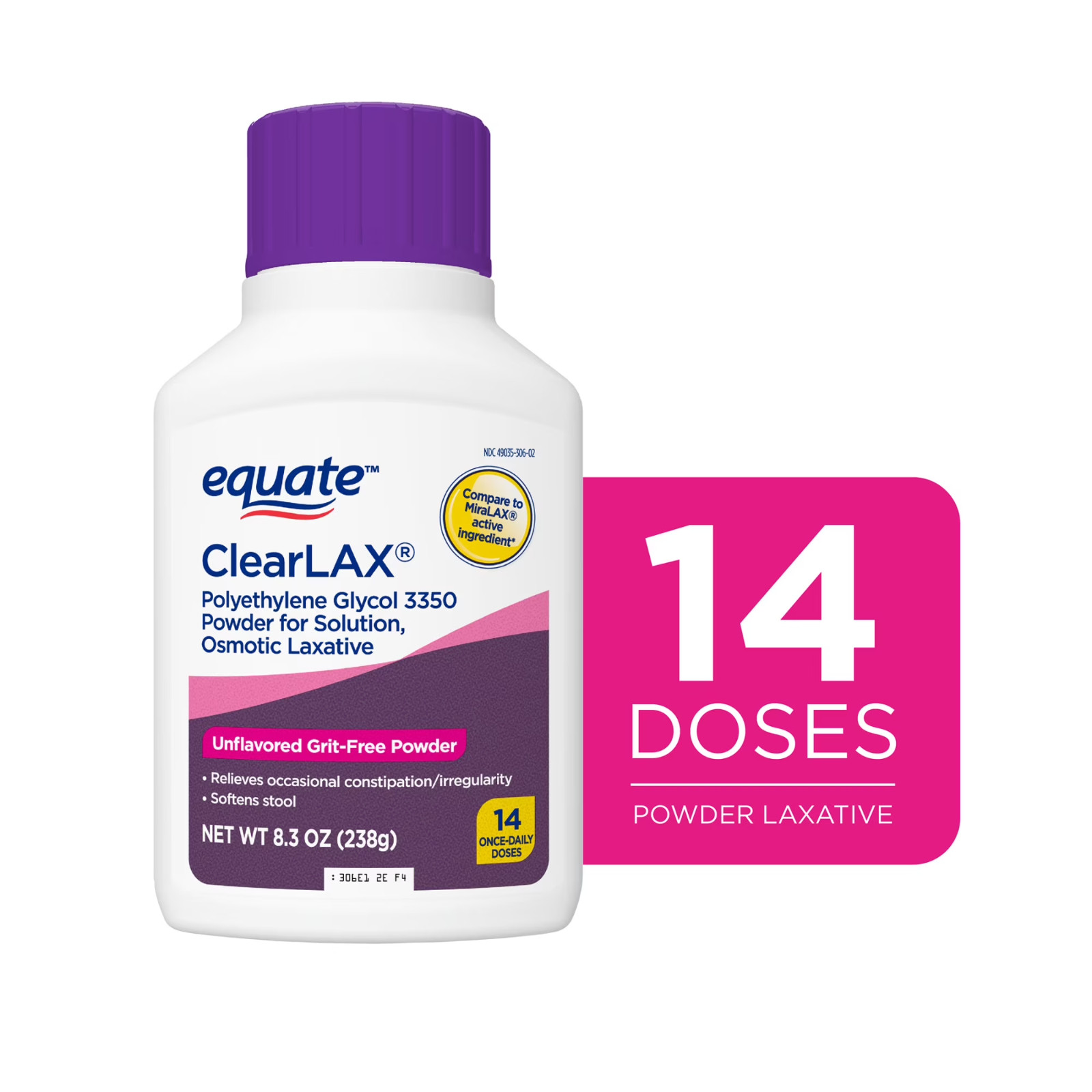 Equate ClearLAX Polyethylene Glycol 3350 Laxative 14 Doses Compare MiraLAX