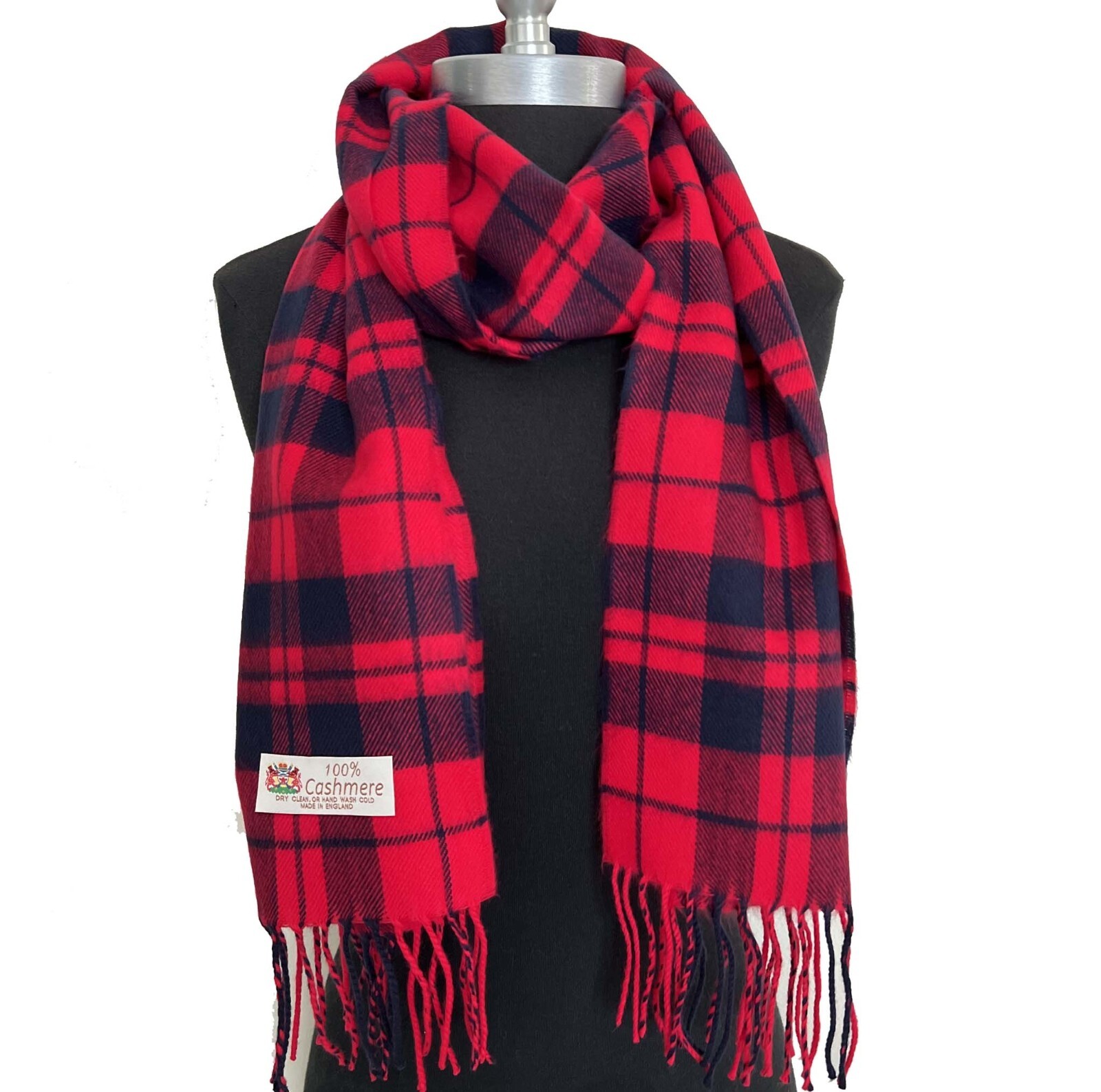 Men Women 100% CASHMERE SCARF Plaid Red / Navy blue Made in England Soft #K06