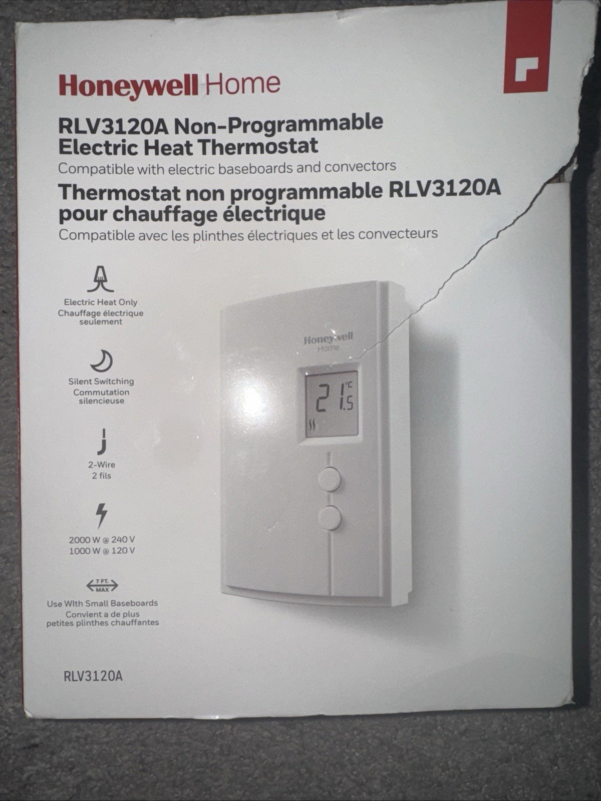 Honeywell Home RLV3120A Line Voltage Non-Programmable Baseboard Thermostat White