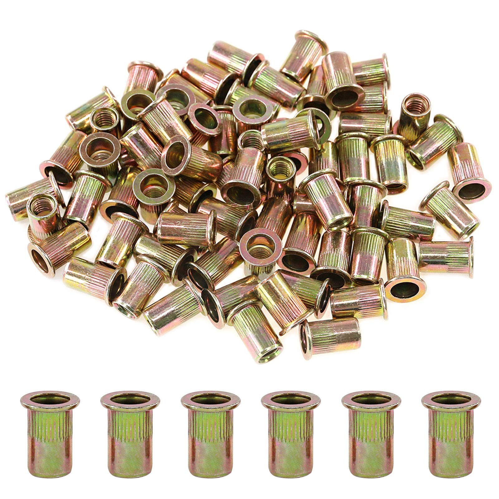 100Pcs 5/16"-18UNC Zinc Plated Carbon Steel Rivet Nut Flat Head Rivnut Threaded