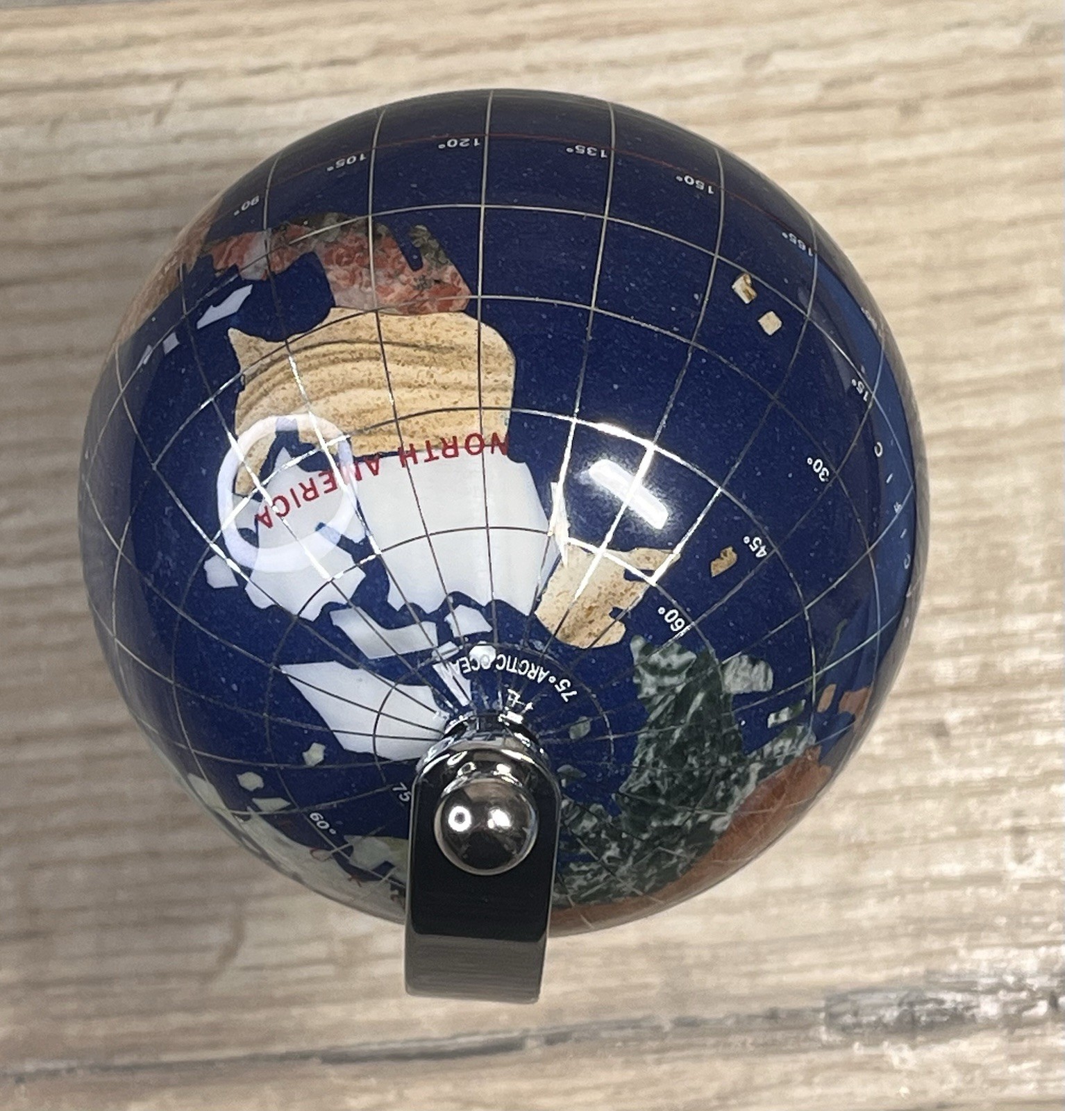 GEMSTONE MINI WORLD GLOBE Semi-Precious Inlay Chrome Stand 5.5" Tabletop Decor
