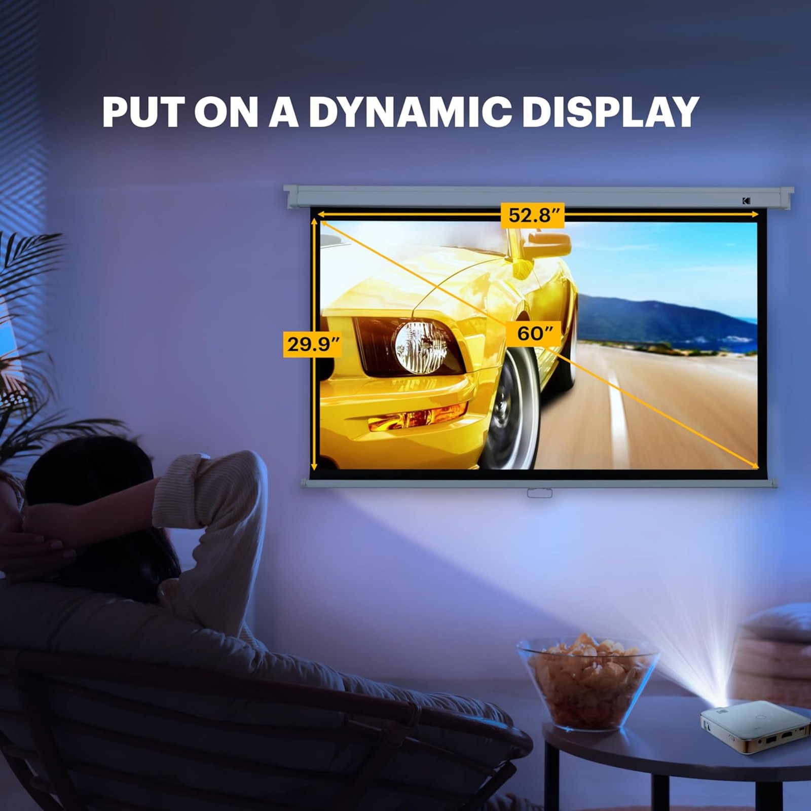Kodak 60in Manual Pull Down Projector Screen, 16:9 Retractable HD Screen