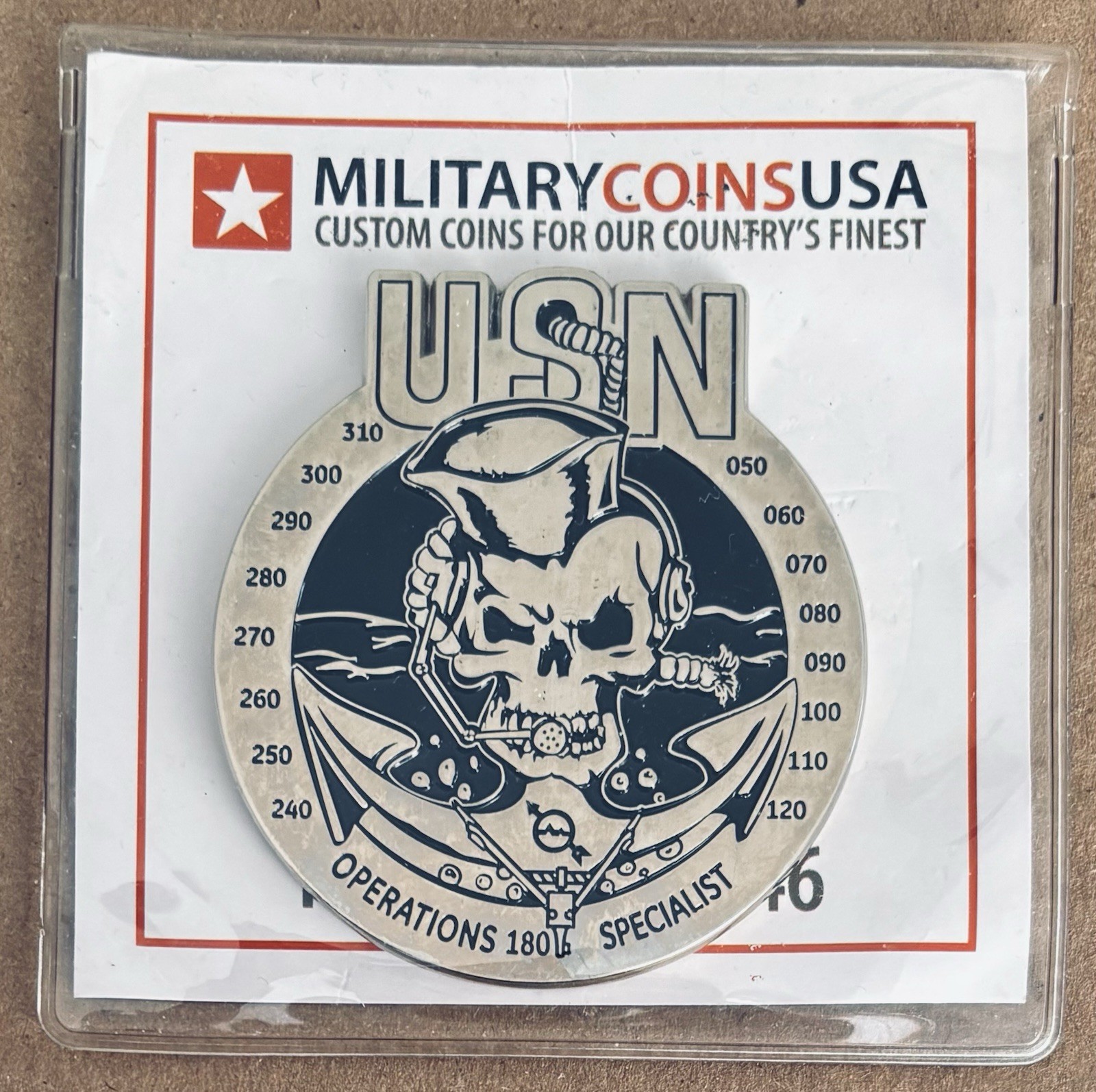 USN OPERATIONS 180 SPECIALIST SKULL SILVER TONED & BLUE MEDALLION IN POUCH