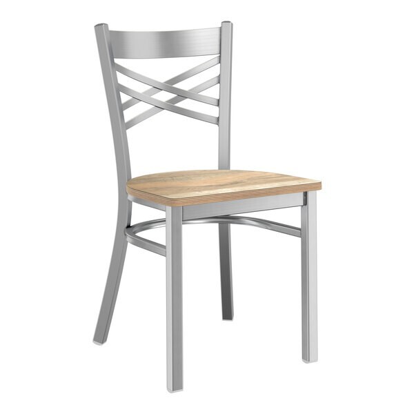 Cross Back Clear Coat Metal Restaurant Chair With Driftwood Wood Seat