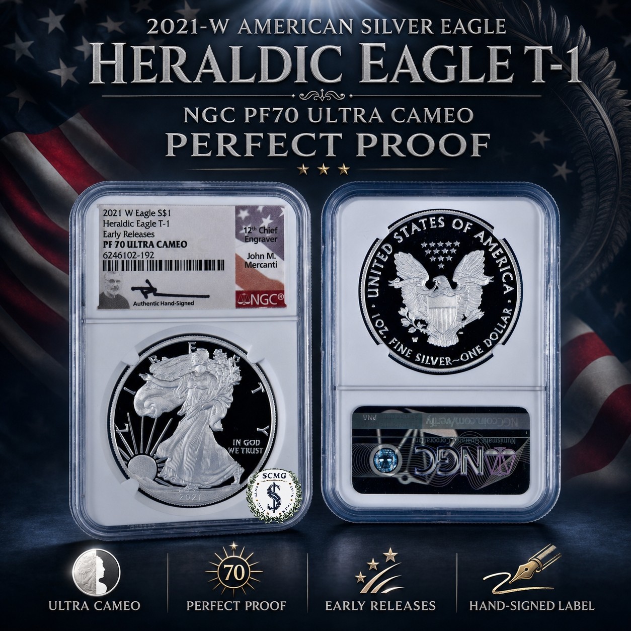 2021-W 1oz Proof Silver Eagle NGC PF 70 ULTRA CAMEO T-1 ER - Mercanti Signed!