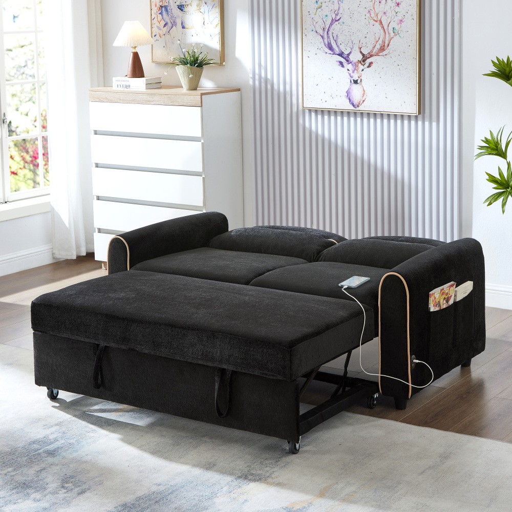 Chenille Sofa Bed Pull Out Sleeper w/ USB Charging, 3-Position Backrest Black