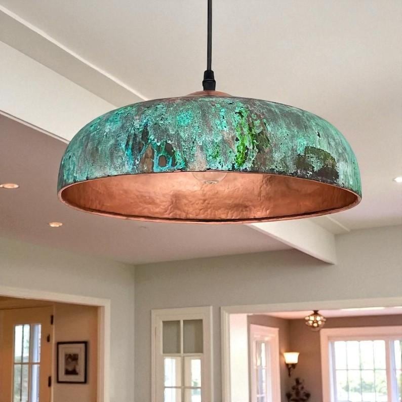 Rustic Green Copper Pendant Lights, Handcrafted Patina Farmhouse Lamps "16 inch"