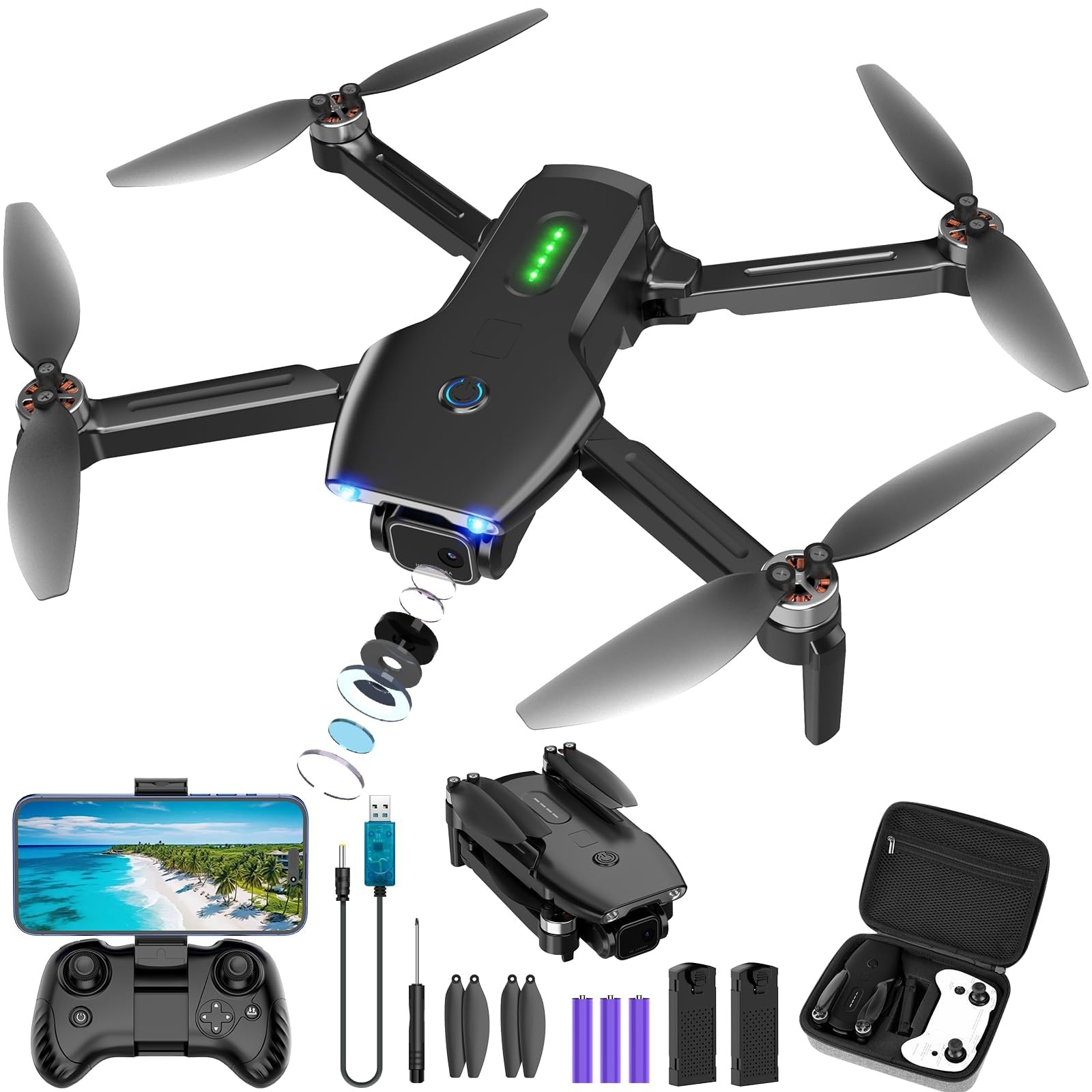Drone with , 1080P FPV Foldable Drone with Brushless Motor, Key Take Off/Land...