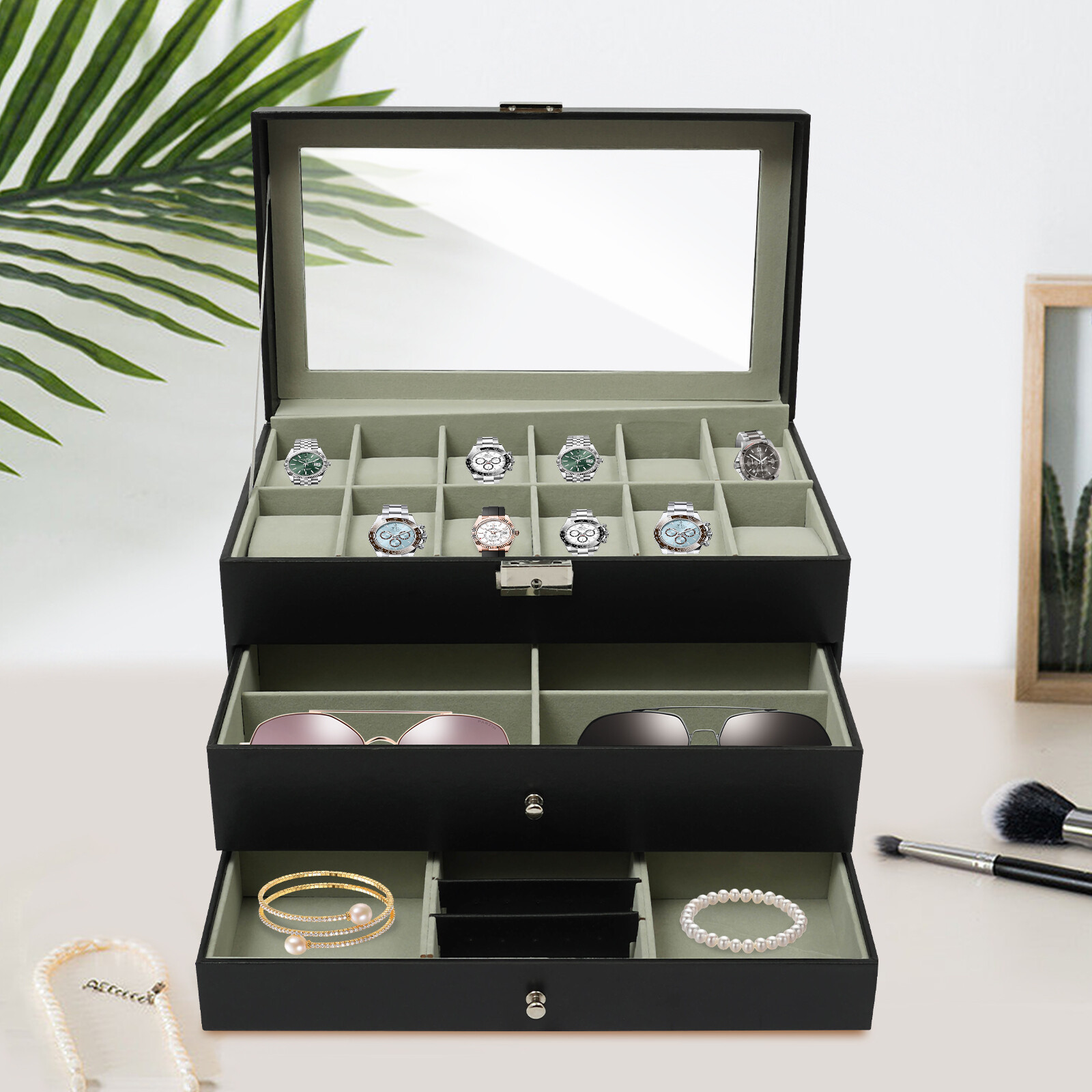 3-Tier Density Board Watch Box Case Jewelry Box For Holding Jewelry & Item New