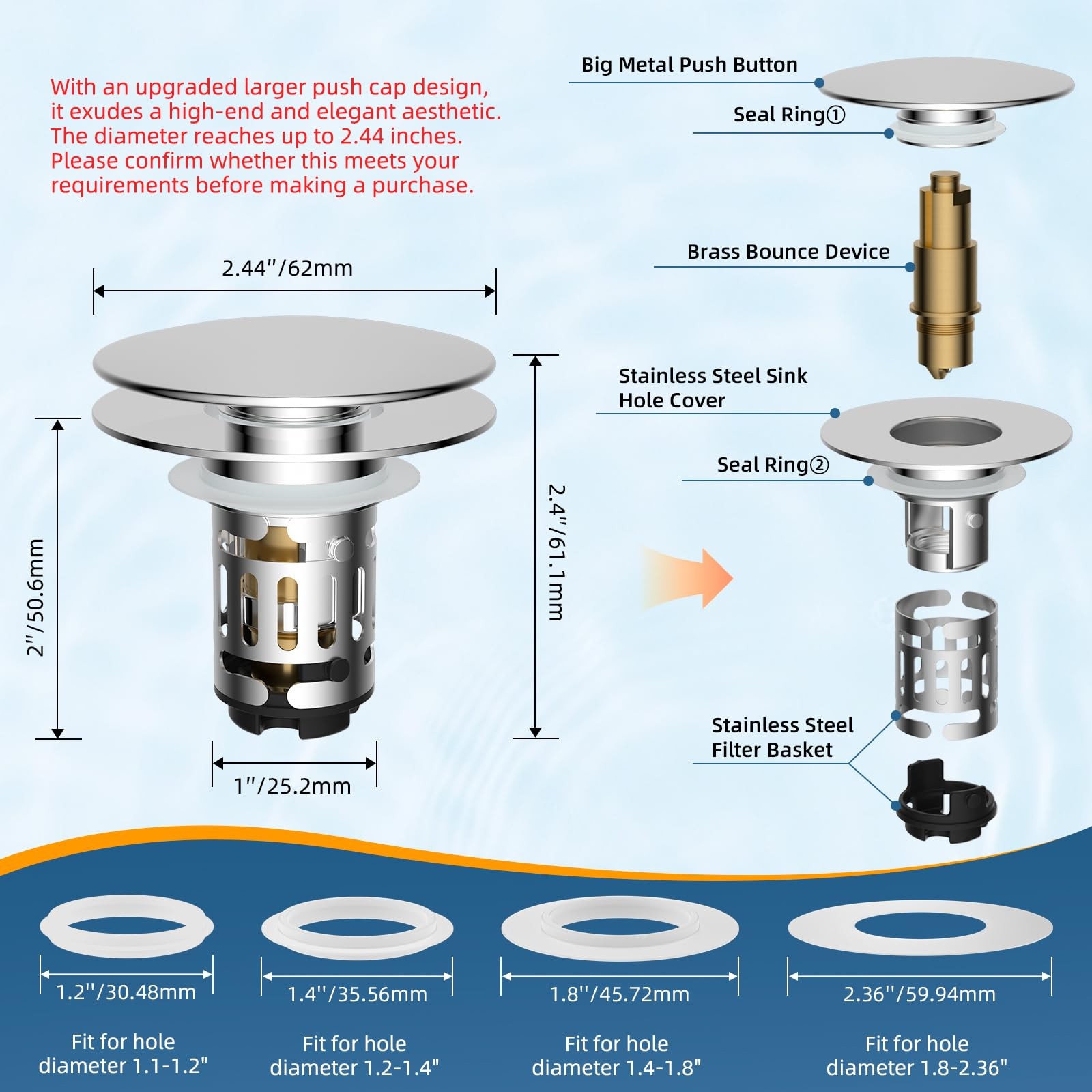 Hibbent Upgraded 3 in 1 Bathroom Sink Drain Strainer, Universal Pop Up Chrome