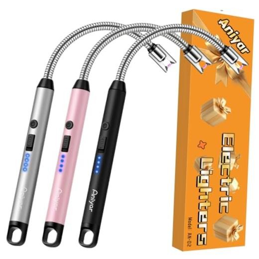 3 Pack Electric Lighter with 360° Flexible Neck & Black / Rose Gold / Silver