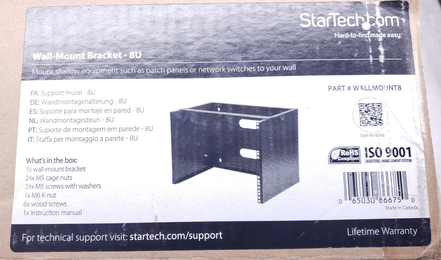 StarTech 8U Open Frame Wallmount Equipment Rack - 12in Deep - 177 lb - Black #99