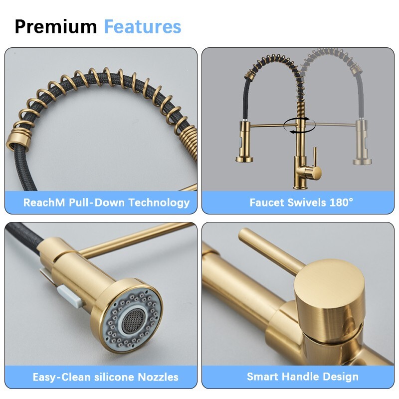 Brushed Gold Kitchen Faucet with Pull Down Sprayer Single Handle Spring Faucet