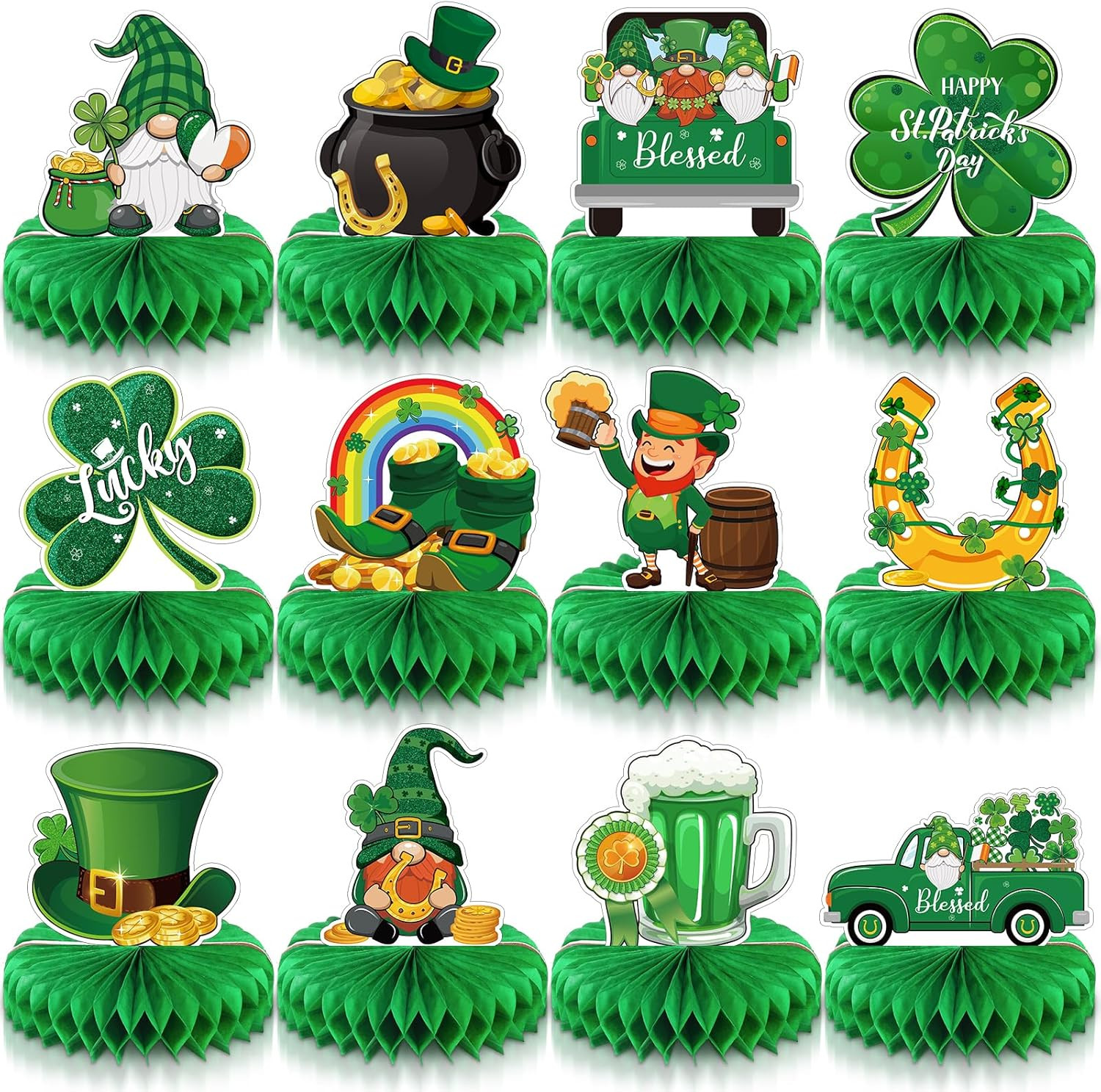 Tiamon 12 Pcs St. Patrick's Day Shamrock Honeycomb Centerpieces