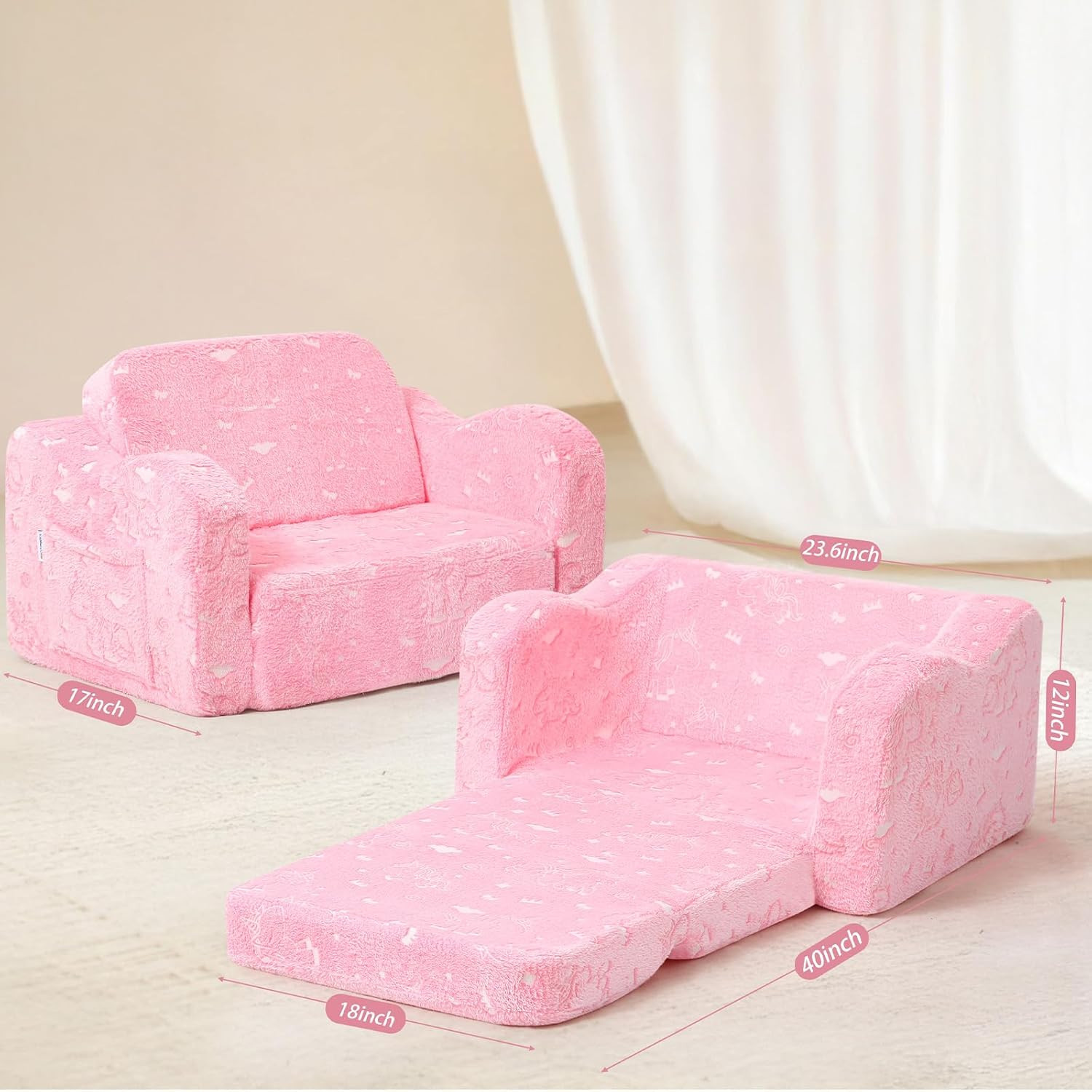 Glow-In-The-Dark Unicorn Kids Couch – Soft Plush Folding Toddler Chair and Fold-