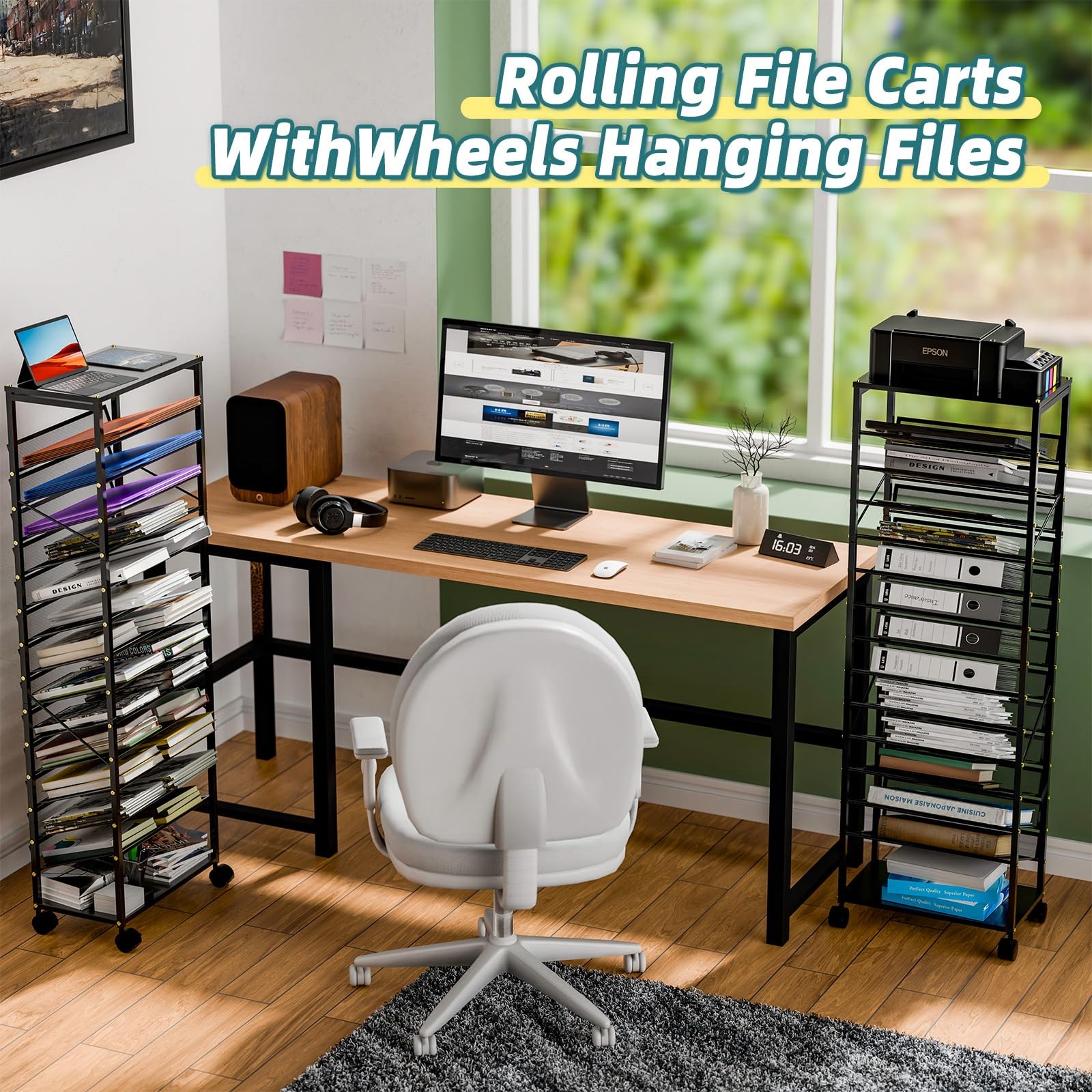 15 Tier Rolling File Cart, Sturdy and Durable Desk File Organizer with Metal ...