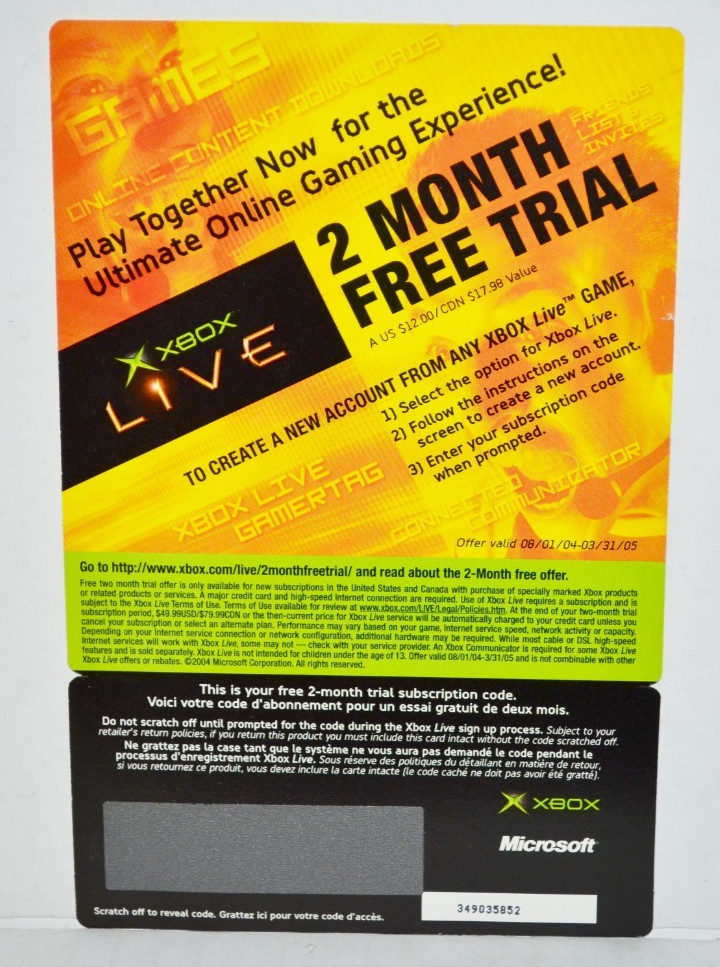 Original Microsoft Xbox Live 2 Month Free Trial Code Scratch Card Subscription