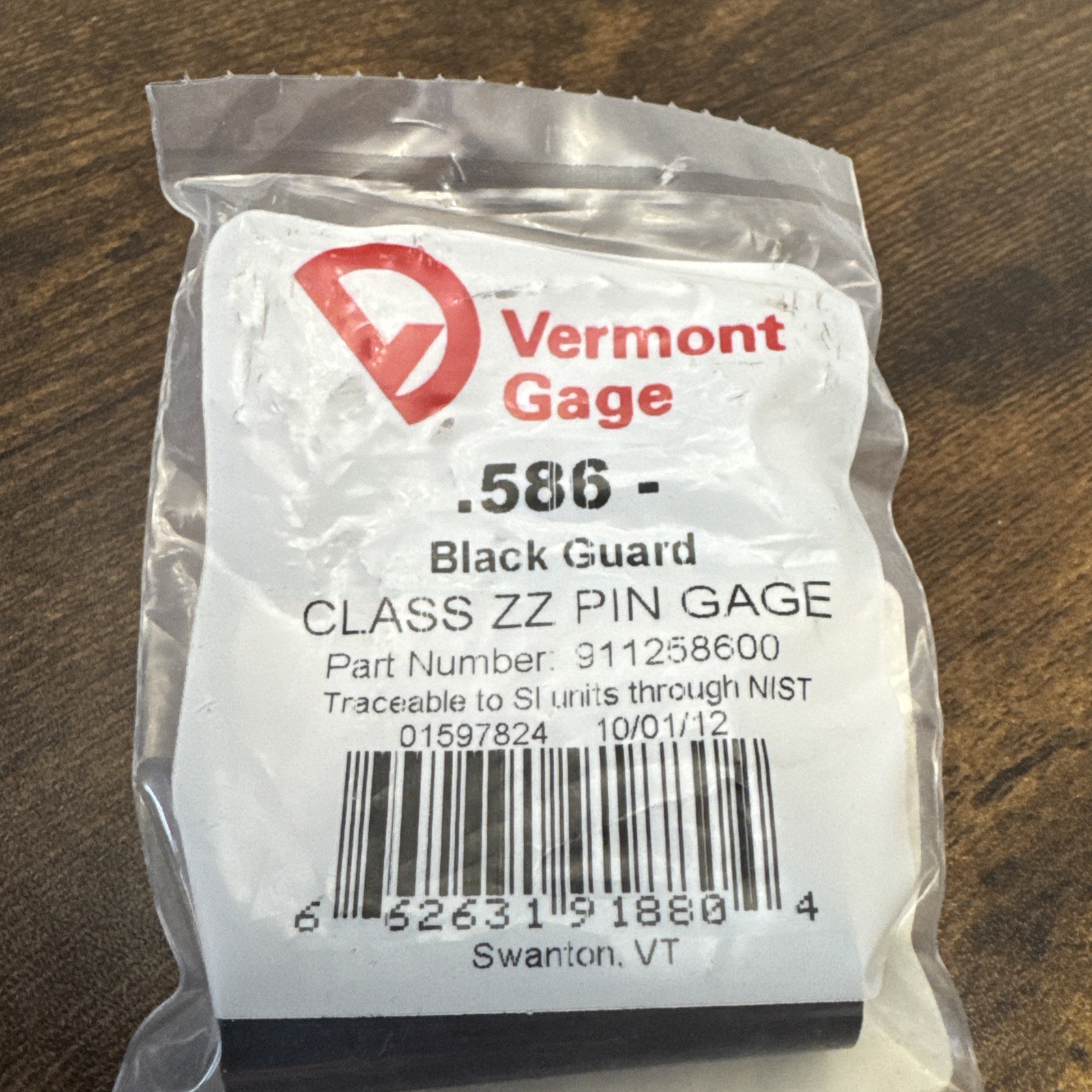 Vermont Gage Black Guard 0.586-" Class ZZ No Go minus Pin Plug Gauge