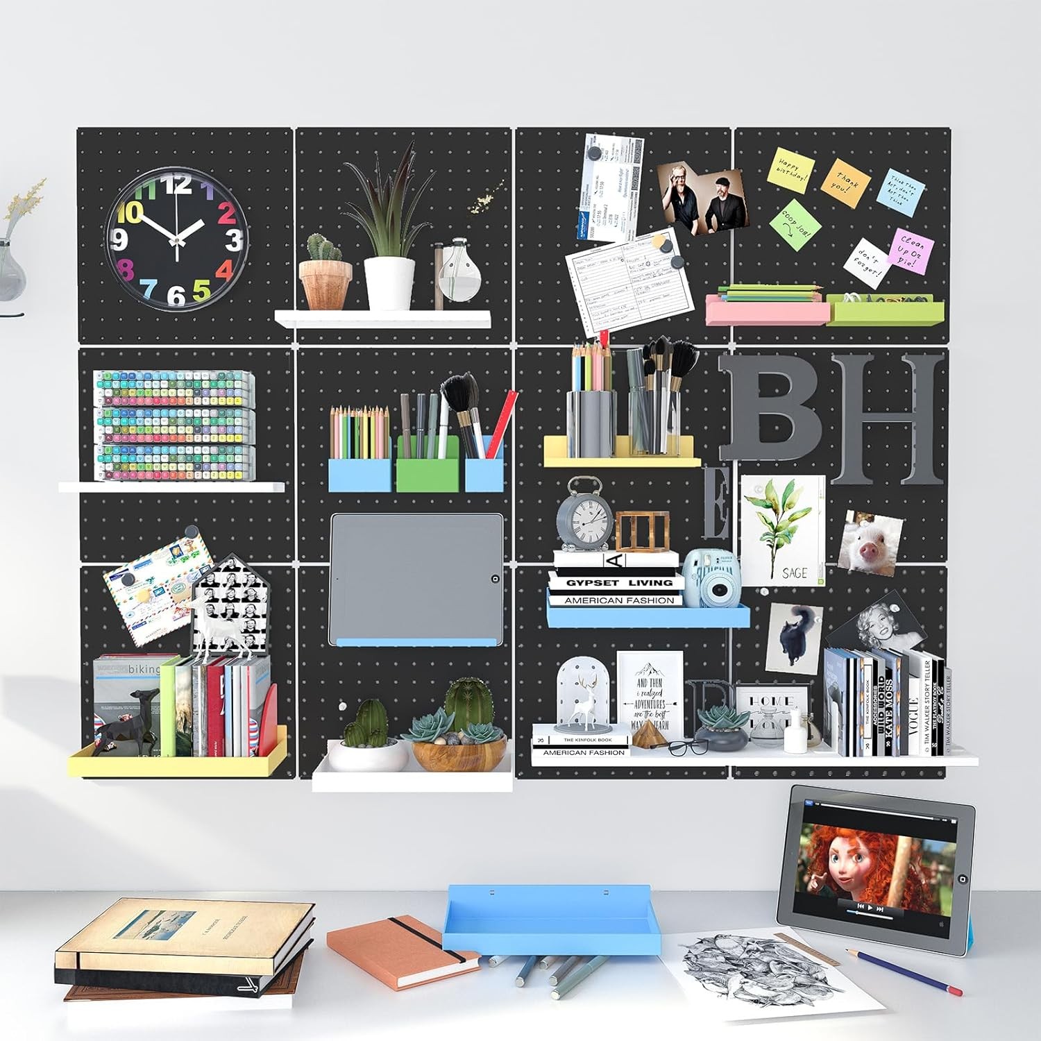 Peg Board, 4 Pack Metal Pegboard Panels Black Pegboards Wall Organizer with Bent