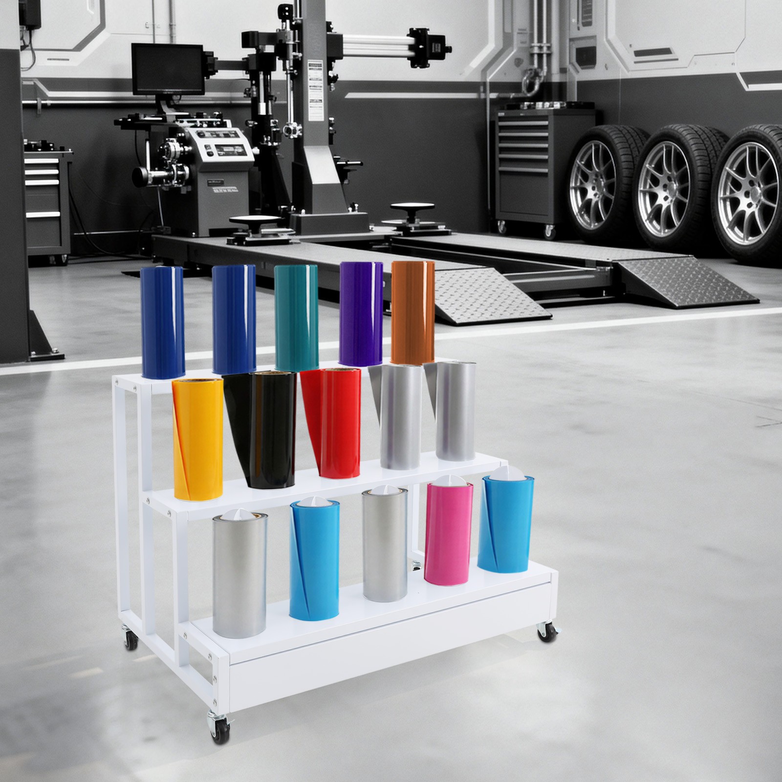 3 Tier Car Wrap Film Iron Display Rack Features 15 Columns 29.53*18.9*29.33in
