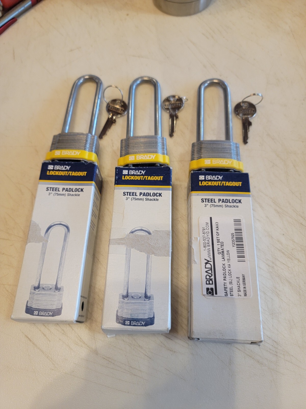 Brady Steel Padlock 3" (75mm)  Shackle, Yellow, Keyed Alike, 3pk