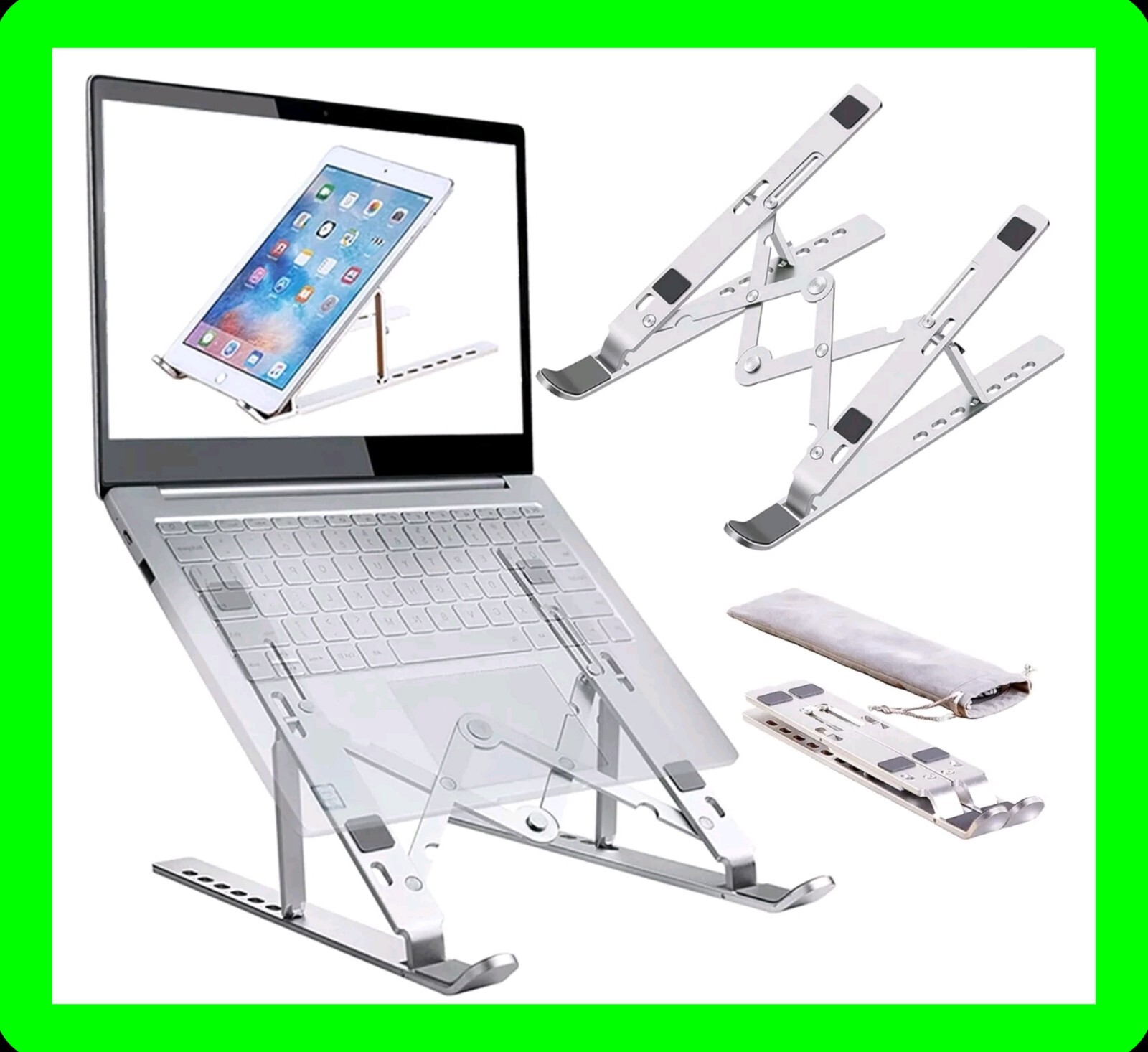 Laptop Stand Aluminum Alloy Adjustable Portable Includes Bag - Silver