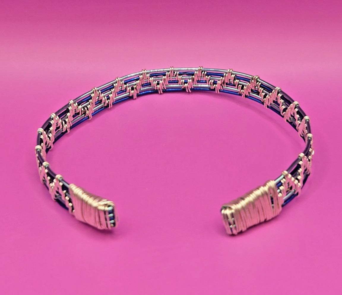 Unique Wire Wrapped Blue And Silver Handmade Adjustable Bracelet
