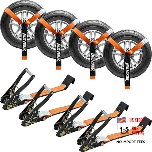 4 Pack Car Tie Down Straps for Trailers - 2" x 96" - 9900LBS Break Orange