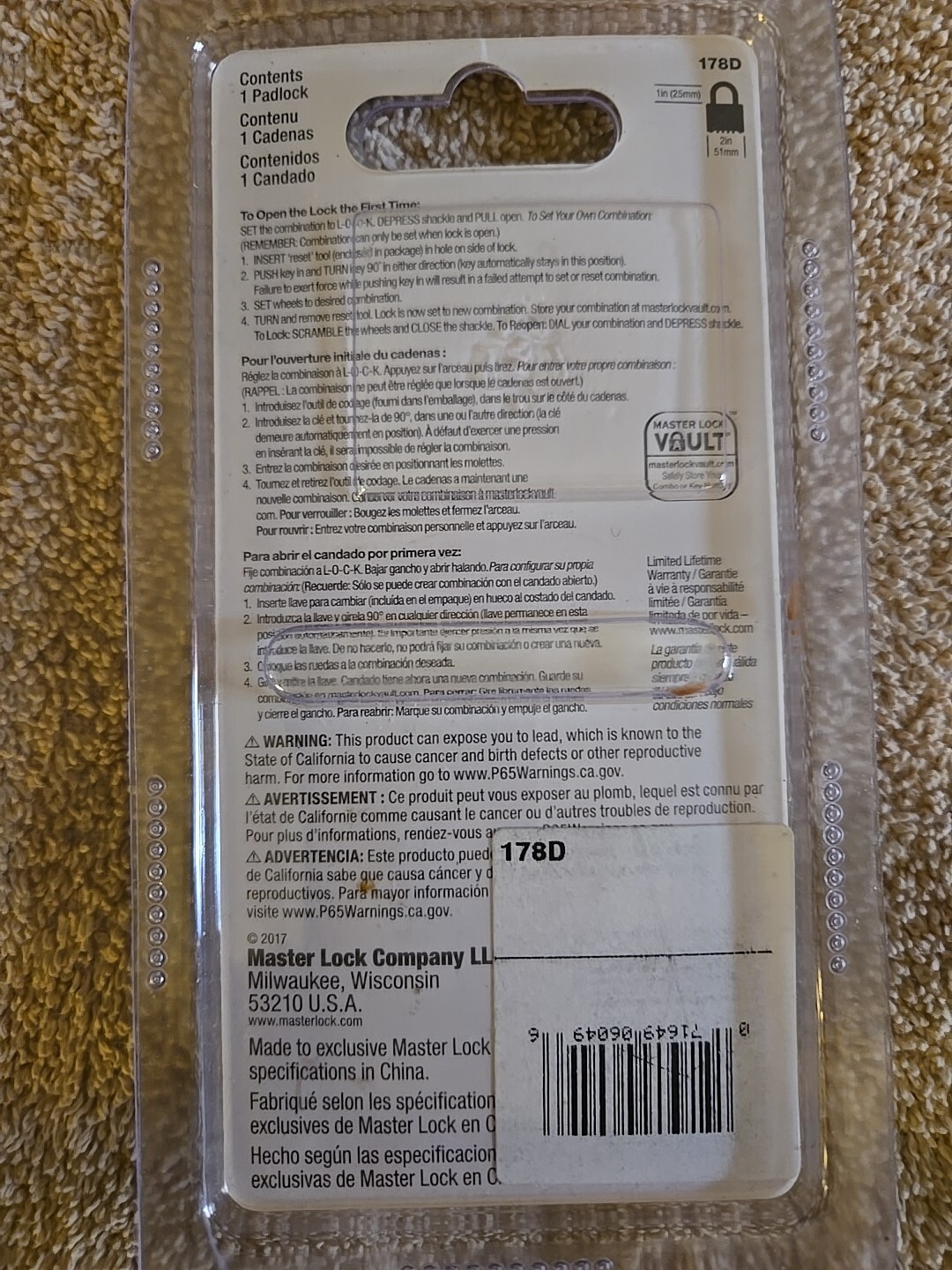 Master Lock - 178D - Black - Combination Padlock - New