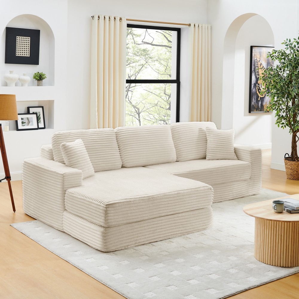 Modular Sectional Sofa w/ Queen Bed, L-Shape, Corduroy Fabric, Beige