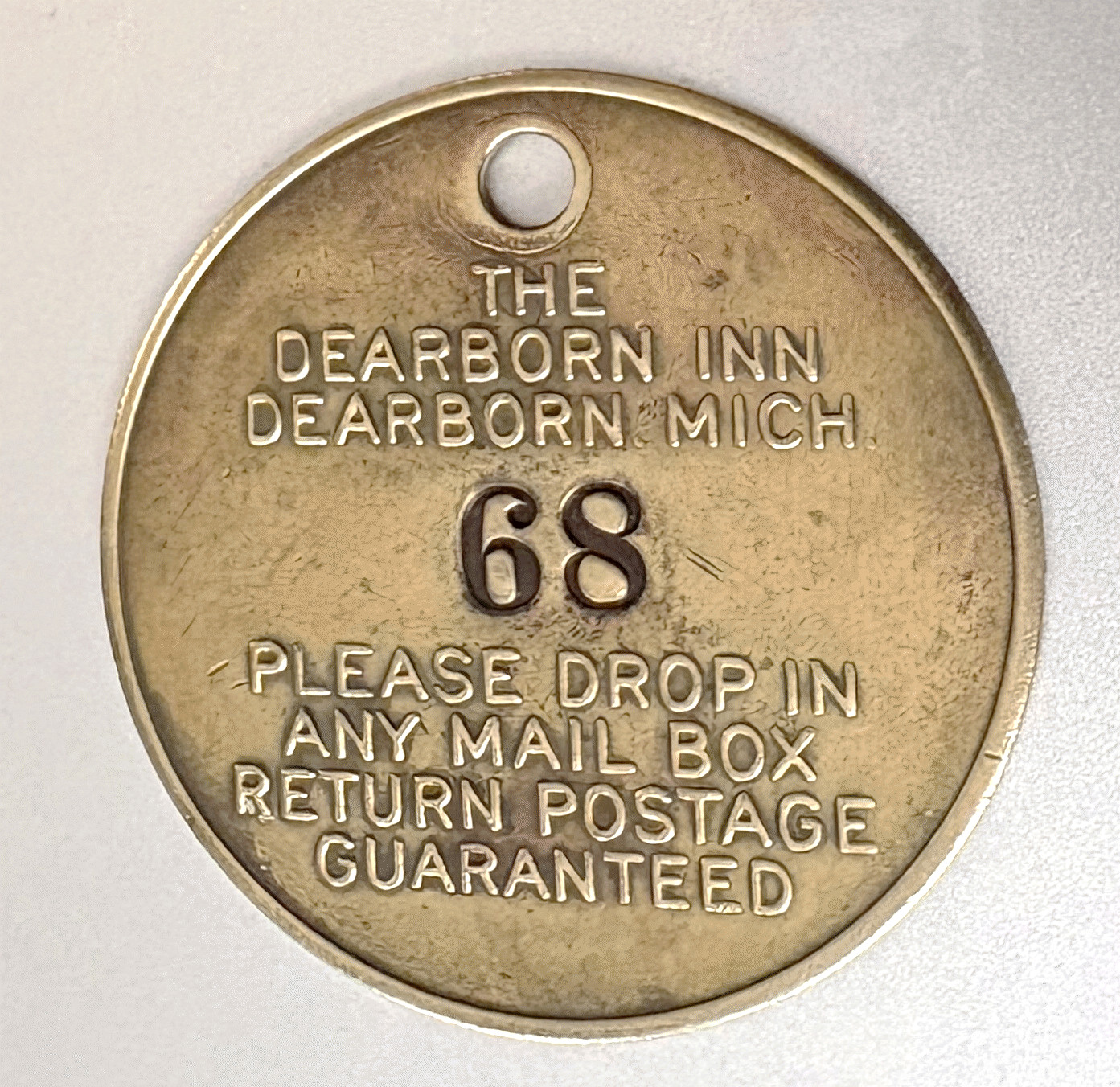 VTG Brass Key Fob HOTEL Tag: DEARBORN INN MI; FORD MOTOR Co;  Room 68