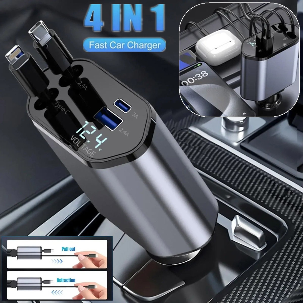 4in1 Retractable Super Fast Phone Charger 120W USB Type C Cable 12V Car Charger