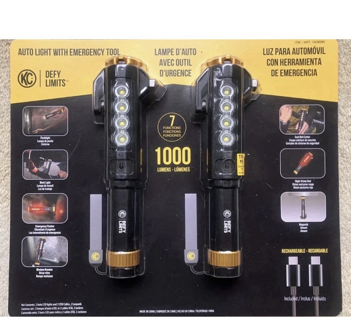 2 Pack KC Auto Light with Emergency Tool, 1000 Lumen Rechargeable Flashlight Set