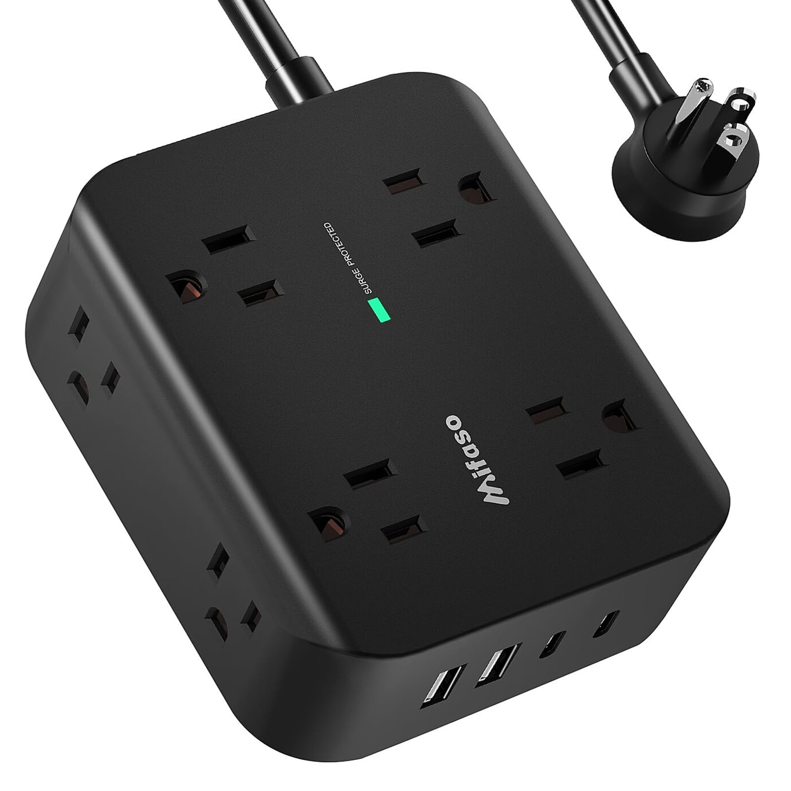 Power Strip Surge Protector - Flat Plug, Wall Mount, 8 Wide 5 FT, Black