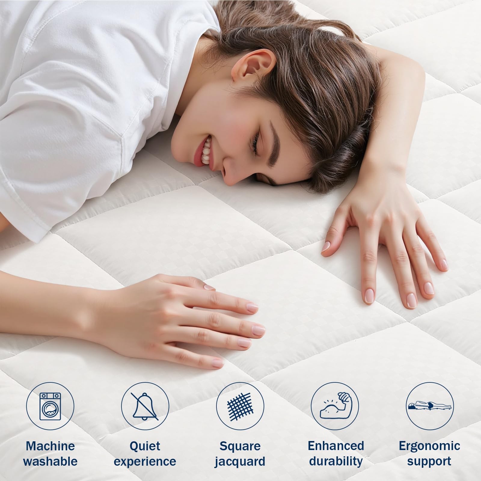 OLANLY King Quilted Fitted Mattress Pad, Elastic King, Off White