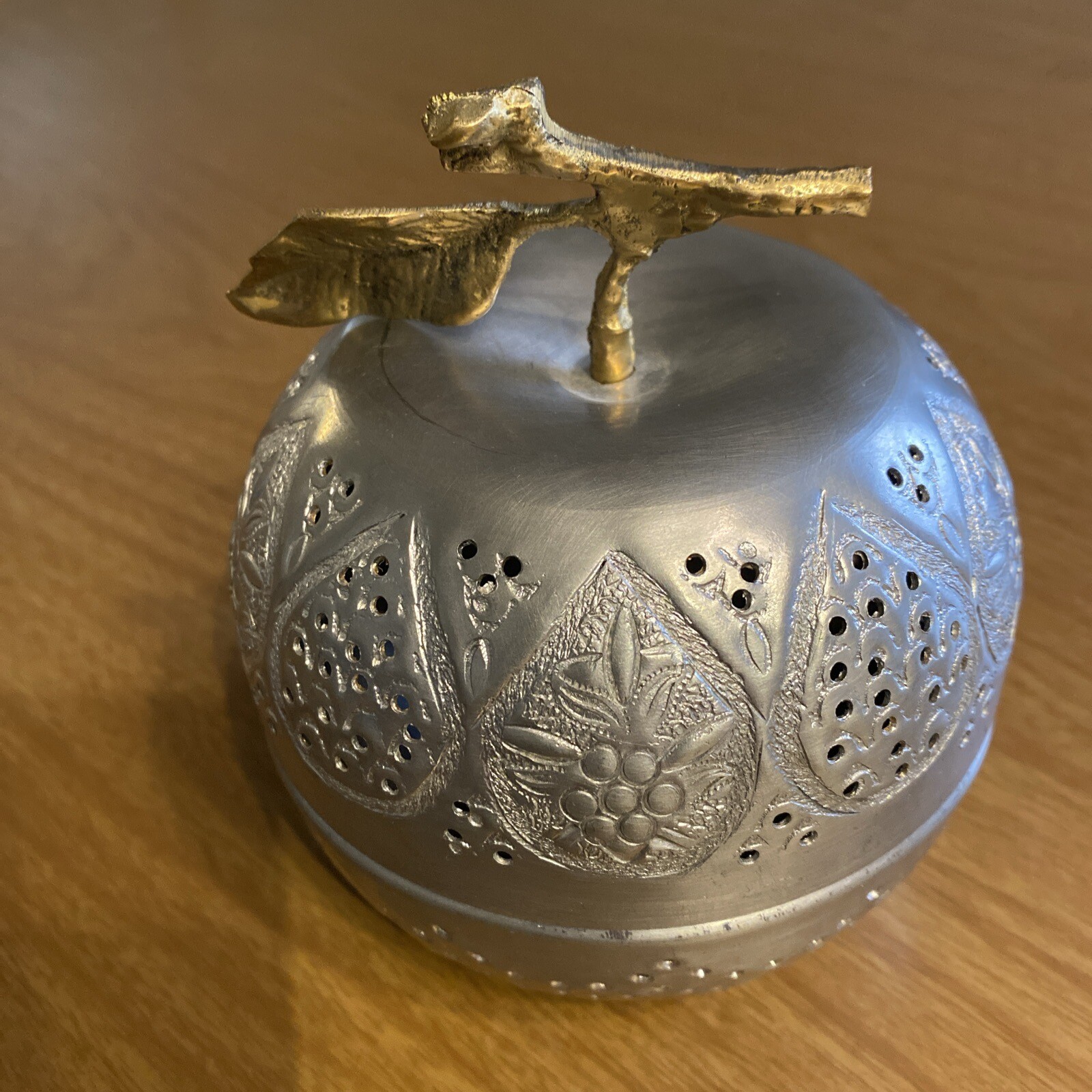 Apple Shaped Metal Toned Trinket Box With Gold Colored Stem  Decorative