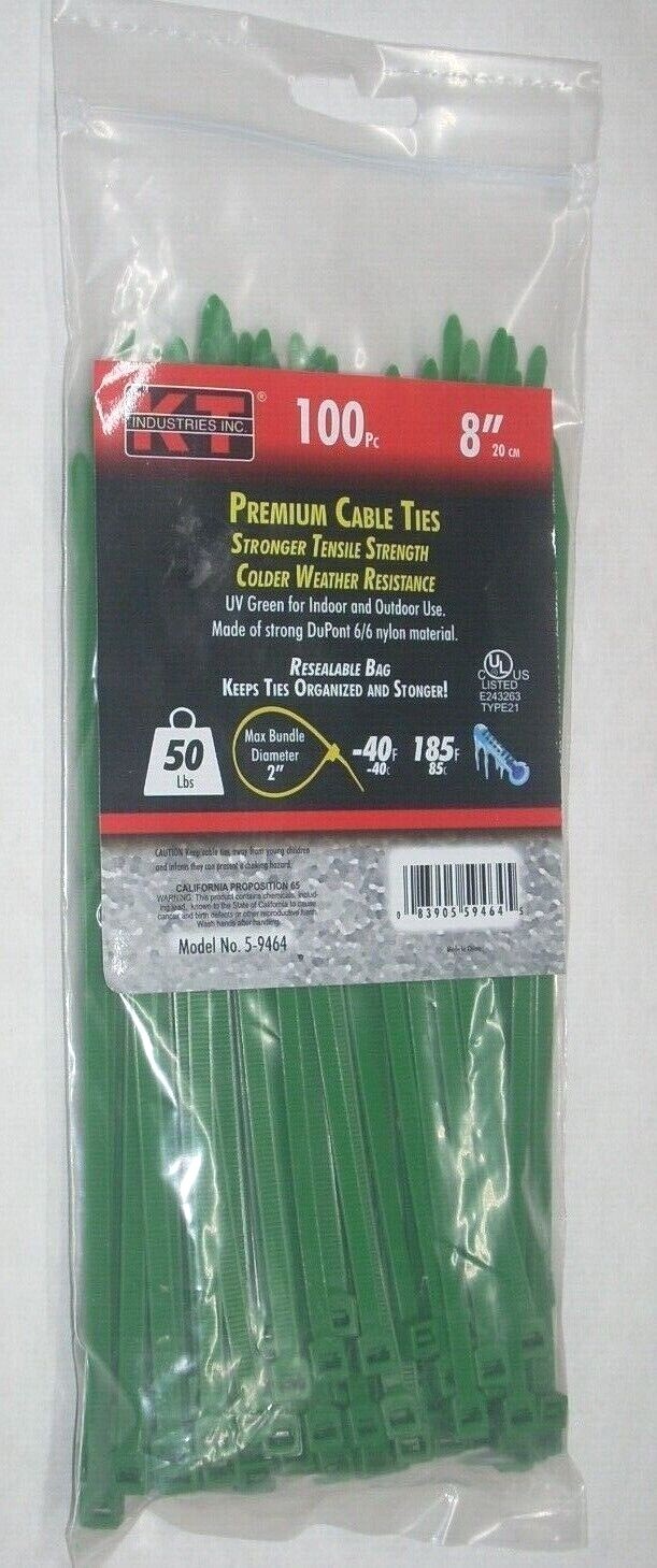 KT Industries 5-9464 Premium Green Cable Ties 8" Long 50 lb Cap 100 pk