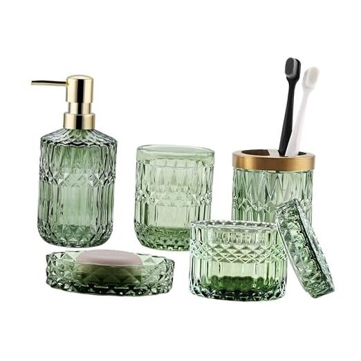 Bathroom Accessories Set, 5Pcs Clear Glass Bathroom Set Accessories, Soap Green