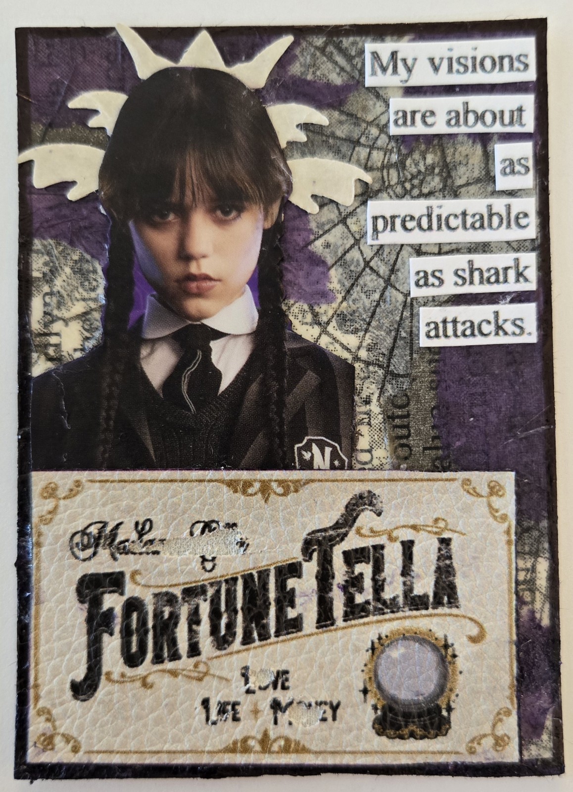 Mixed Media Collage Art Card ACEO ATC Wednesday Addams Vision Predictable Sharks