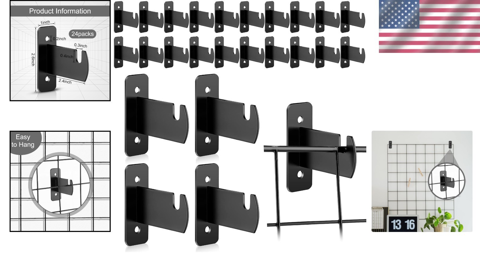 Space-Saving 24 Pcs Black Grid Wall Brackets for Home & Garage Organization