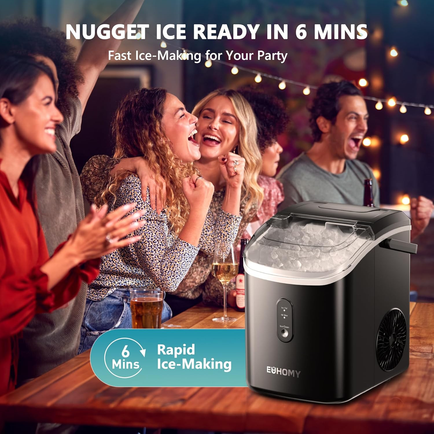 Nugget Ice Maker Countertop with Handle, Ready in 6 Mins, 34Lbs per Day, Removab