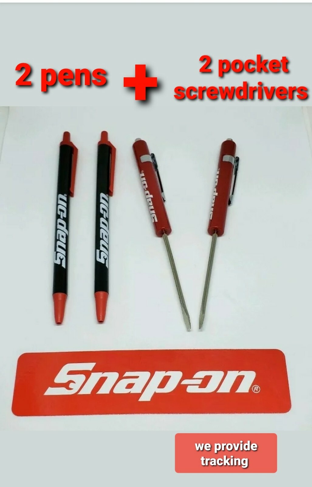 4 Snap on items 2 pocket screwdriver magnet end red + 2 snap on pen black/red