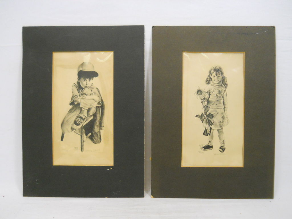 Antique 9x13 Boy and Girl Lithograph Art Sketch by Kathy Davis (numbered)