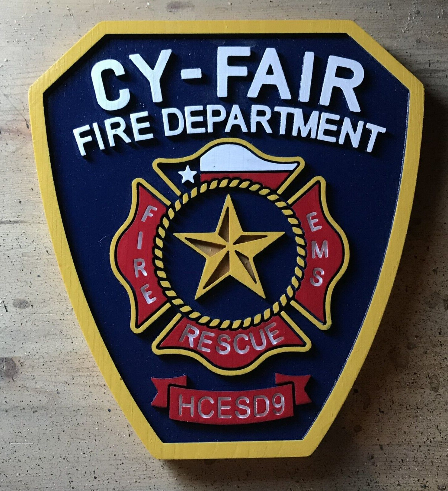 Fire Department Cy-fair patch 3D routed carved wood patch plaque sign Custom