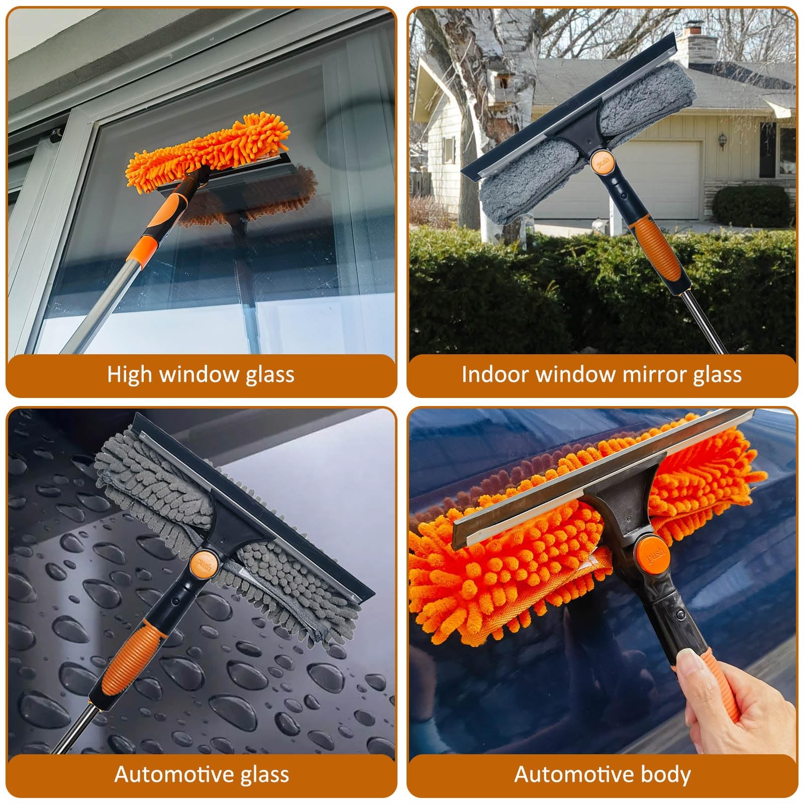 20 ft+ Reach Squeegee Window Cleaner Duster 2 in 1 Rotatable Orange