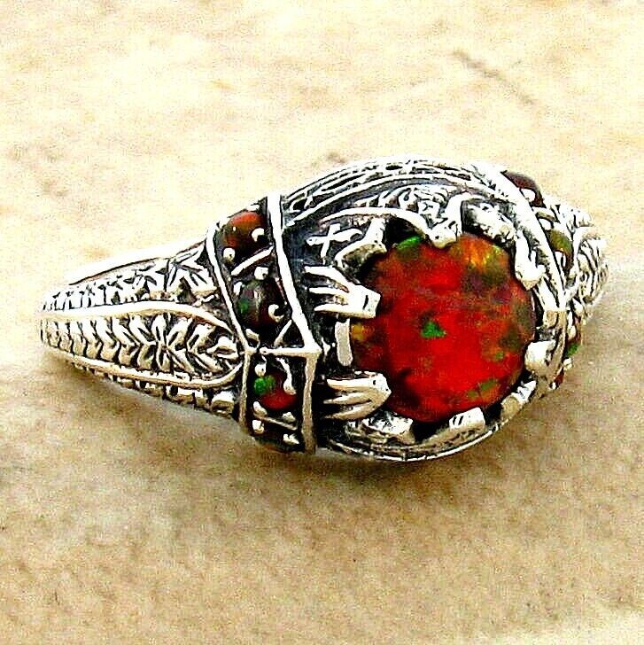 VICTORIAN DESIGN 925 STERLING SILVER LAB RED OPAL ANTIQUE STYLE RING #102