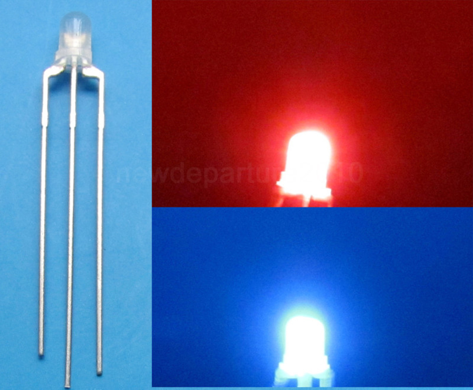100Pcs 3mm Dual Bi-Color Red/Blue diffused 3 Pin LED Common Anode