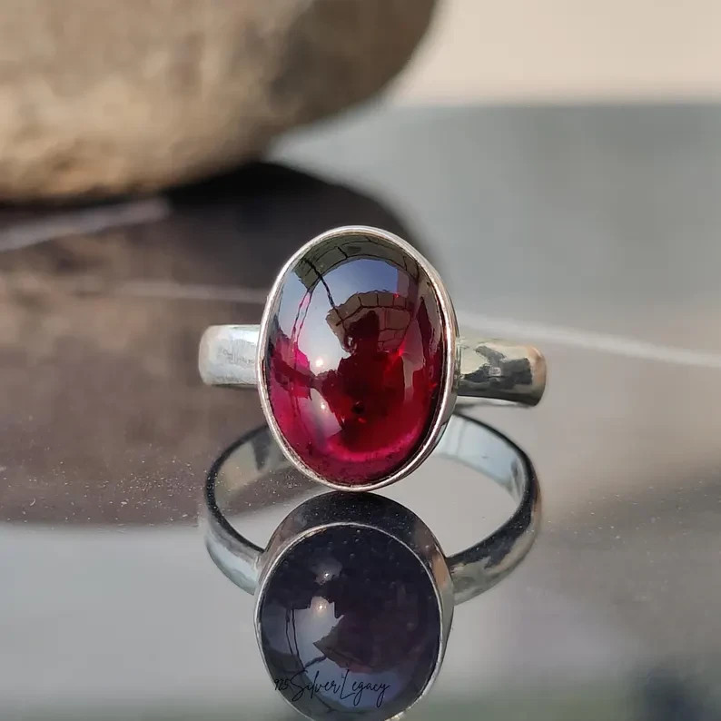 Natural Red Garnet Gemstone Ring, 925 Sterling Silver Ring, Handmade Women's
