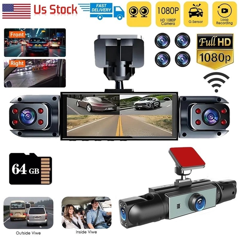 Dash Cam 4-Channel 360° Front Rear Inside DashCam 1080P Car Camera WIFI G-Sensor